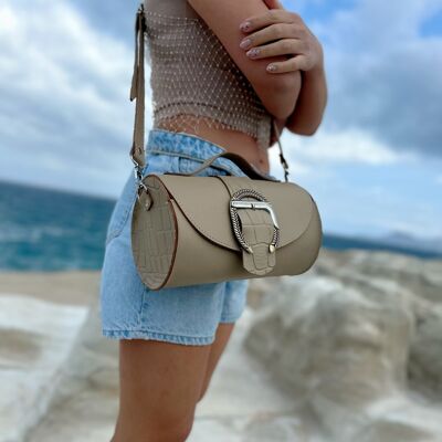 Beige Leather Barrel Bag, Handmade Shoulder Bag, Crossbody Bag, Top Wrist Bag, Made from Full Grain Leather with Buckles - Beige Horizon