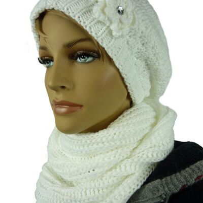 Ladies hat & scarf set 280 (combi, 2 pieces) loosely knitted, with bobble, long beanie & loop