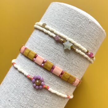 Bracelet Marguerite - Ecru + fleur lilas 2