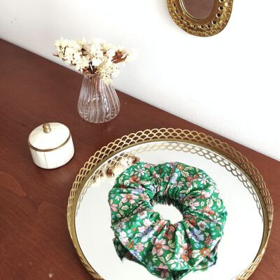 MARCY scrunchie / green organic cotton with pink flower print
