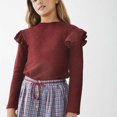 Girl's maroon knit sweater with ruffles