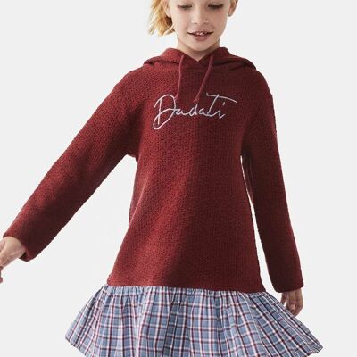 Girl's dress with hood in maroon knit and combination of squares