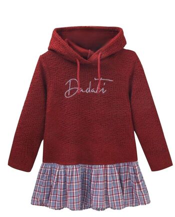 Robe fille à capuche en maille bordeaux et combinaison de carreaux 2