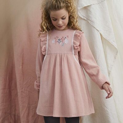 Girl's pink bambula dress with embroidered branches