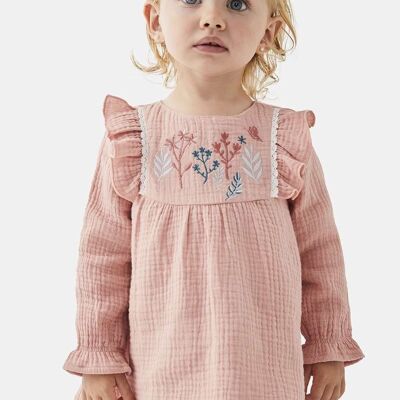 Pink bambula baby girl dress with embroidered branches