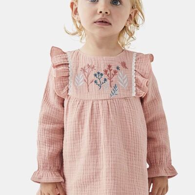 Robe bébé fille bambula rose avec branches brodées