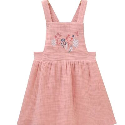 Girl's pink bambula pinafore dress with embroidered branches