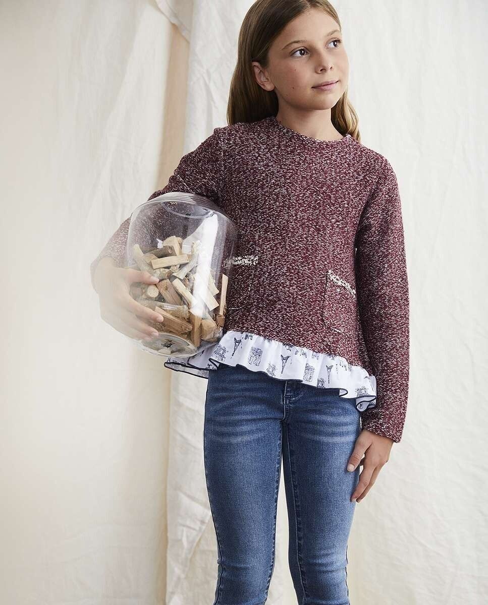 Felpa da bambina screziata con tasche e volant