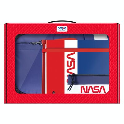Dohe – Schulrucksack mit großem Rucksack (17 Liter), Ersatzmappe mit 100 Rasterblättern und Trennblättern und dreifachem Federmäppchen – 29 x 40,5 x 14 cm – NASA-FLAGGE