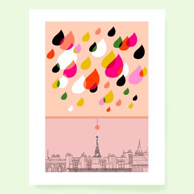 Affiche Pluie Parisienne Tour Eiffel toits de Paris Rose A4