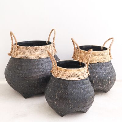 Cesta de plantas negra cesta decorativa cesta de ropa grande BENOA (negra) cesta tejida a mano hecha de bambú y algas marinas (3 tamaños)