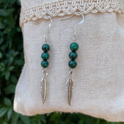 Earrings with 3 balls in natural Malachite and feather charm, Made in France