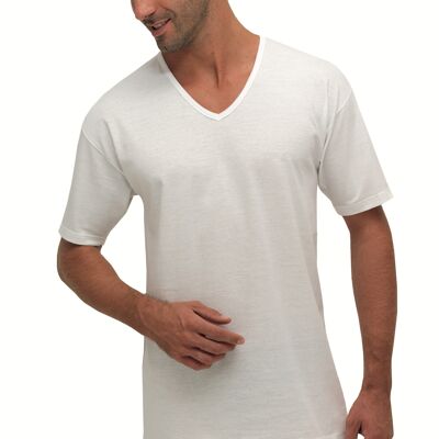 Camisa de hombre con cuello de pico y media manga 100 % algodón jersey - Made in Italy