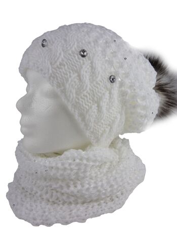 Ensemble bonnet et écharpe pour femmes Tammy, 2 pièces, bonnet tricoté et écharpe tricotée, gros pompon, bonnet long et boucle, paillettes scintillantes 2