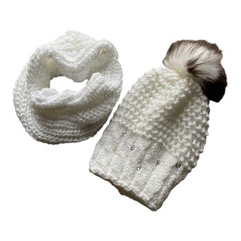 Ensemble bonnet et écharpe pour femmes Tammy, 2 pièces, bonnet tricoté et écharpe tricotée, gros pompon, bonnet long et boucle, paillettes scintillantes 10