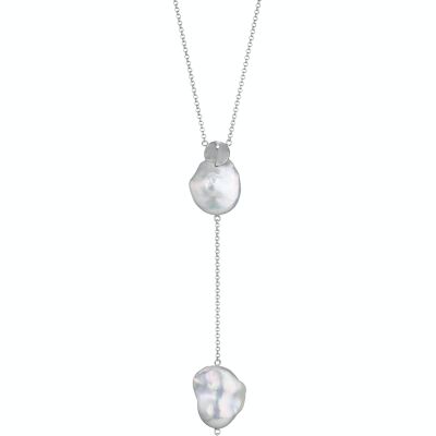 Collier Y avec perles argent - blanc baroque d'eau douce