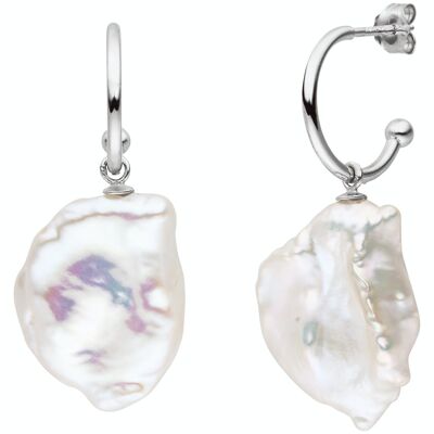 Pearl earrings half hoop silver - freshwater baroque white