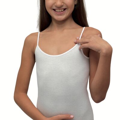 Girl's narrow shoulder tank top with satin in 100% smooth cotton rib - Made in Italy