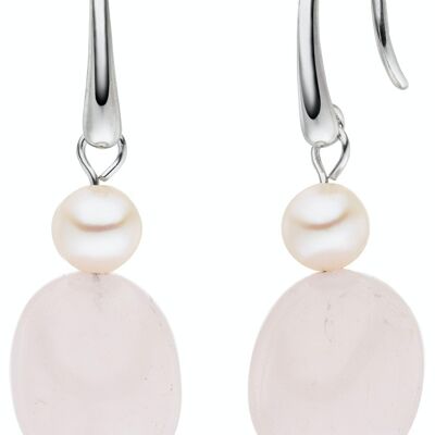 Pearl earwires with rose quartz pink - freshwater round white
