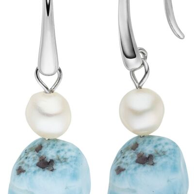 Crochets d'oreilles perle avec larimar turquoise - blanc rond d'eau douce