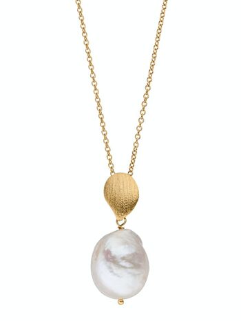 Collier avec pendentif perle argent plaqué or - blanc baroque d'eau douce 1