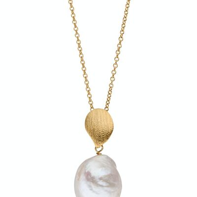 Collier avec pendentif perle argent plaqué or - blanc baroque d'eau douce