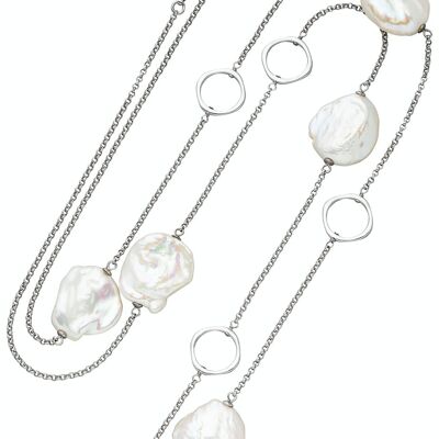 Collier avec plusieurs perles et éléments de cercle argent - blanc baroque d'eau douce