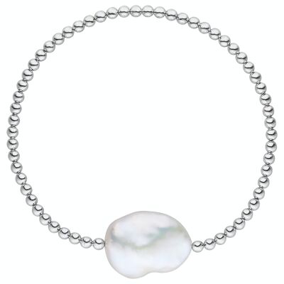 Pulsera de bolas de plata con una perla - blanco barroco de agua dulce