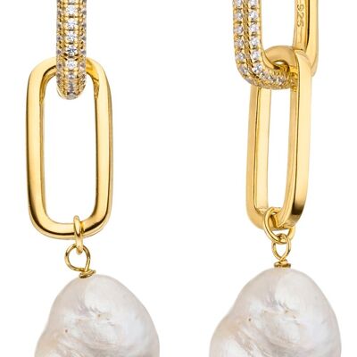 Orecchini di perle Transformer argento placcato oro con zirconi - bianco barocco d'acqua dolce