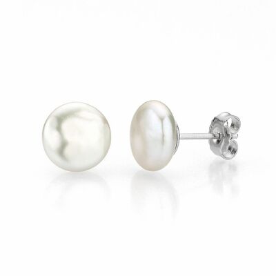 Boucles d'oreilles perle classique argent - pièce d'eau douce blanche