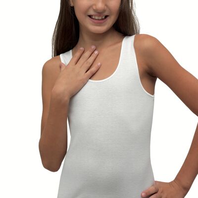 Girl's wide shoulder tank top with satin in smooth 100% cotton rib - Made in Italy