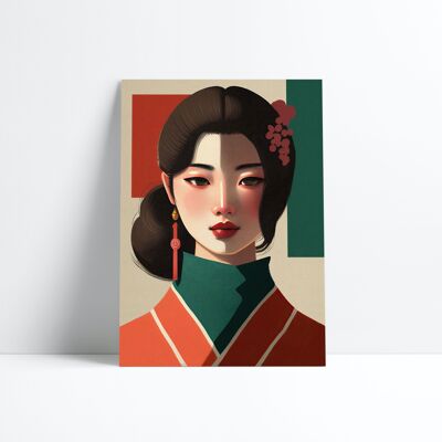 CARTEL 30X40-Retrato asiático con cuello verde