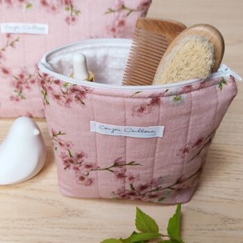 Trousse de toilette matelassée fleurs roses - Petit modèle 2