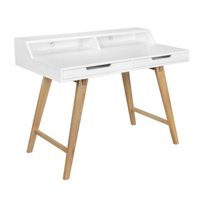 Rootz 110 x 85 x 60 cm MDF wood scandinavian white matt worktable - Design laptop table with cable aperture - Office table with oak legs