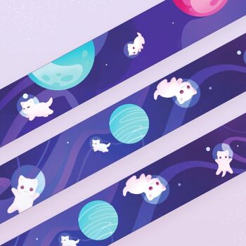 Chats dans l'espace Washi Tape | Rouleau de 10 m x 15 mm | Ruban de masquage d'artiste | Ruban de planificateur décoratif | Kawaii Calendriers Journal Papeterie | miamouz 1