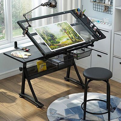 360 Escritorio para el hogar altura ajustable escritorio de la computadora inclinable mesa de dibujo mesa de trabajo escritorio de vidrio con taburete
