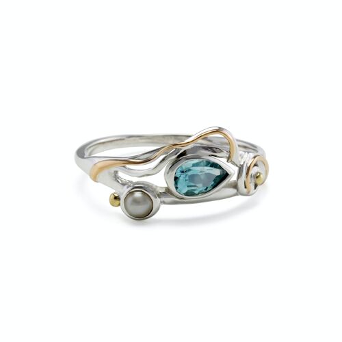 STERLING SILVER RING WITH BLUE TOPAZ AND PEARL