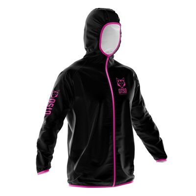 Giacca a vento impermeabile unisex nera e rosa fluo