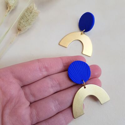 Geometric statement earrings in gold and blue