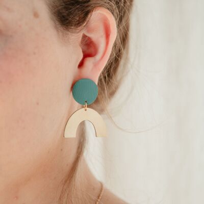 Geometric statement earrings in gold and sage with brass pendants