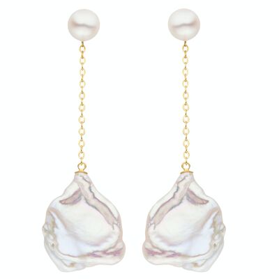 Clous d'oreilles perle avec extension chaine d'ancre argent plaqué or - rond d'eau douce, blanc baroque