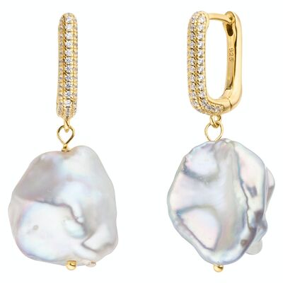 Créoles perle argent plaqué or avec oxyde de zirconium - blanc baroque d'eau douce