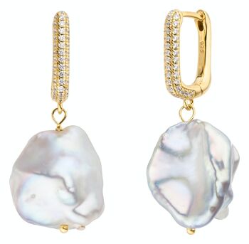 Créoles perle argent plaqué or avec oxyde de zirconium - blanc baroque d'eau douce 1