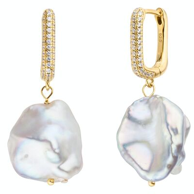 Créoles perle argent plaqué or avec oxyde de zirconium - blanc baroque d'eau douce
