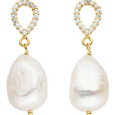 Classic pearl earrings silver gold plated with zirconia - freshwater, baroque white