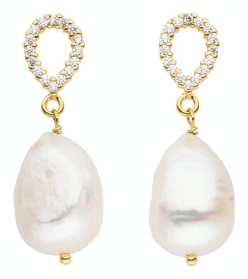 Boucles d'oreilles perles classiques argent plaqué or avec zircone - eau douce, blanc baroque 1