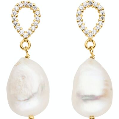 Boucles d'oreilles perles classiques argent plaqué or avec zircone - eau douce, blanc baroque