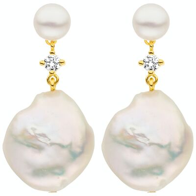 Pendientes elegantes de perlas bañadas en plata con circonitas - redondas de agua dulce, blanco barroco