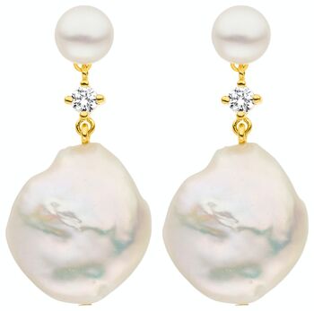 Boucles d'oreilles élégantes en perles argentées avec zircone - rondes d'eau douce, blanc baroque 1
