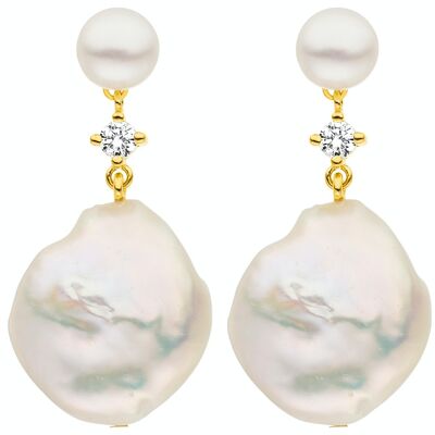 Boucles d'oreilles élégantes en perles argentées avec zircone - rondes d'eau douce, blanc baroque